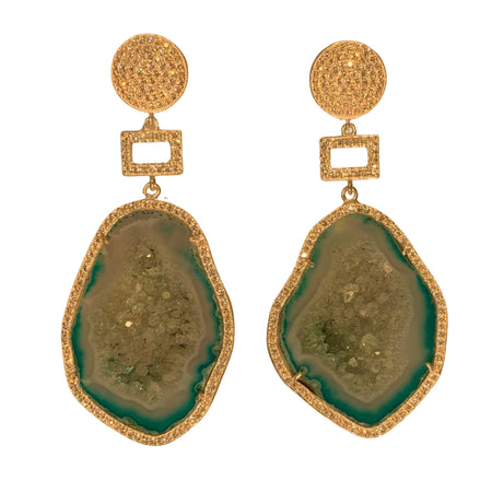 Teal Blue Geode Earrings with Geometric Accent
