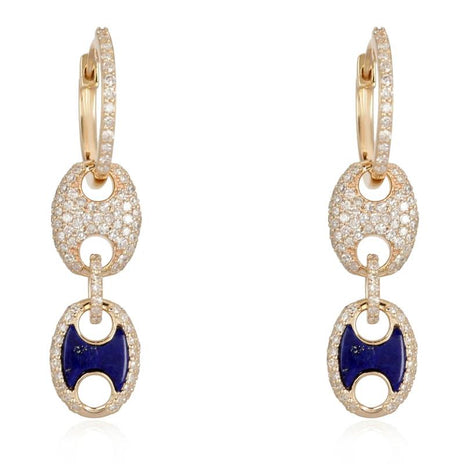 14kt Gold Diamond Huggies with lapis/diamond mariner drop