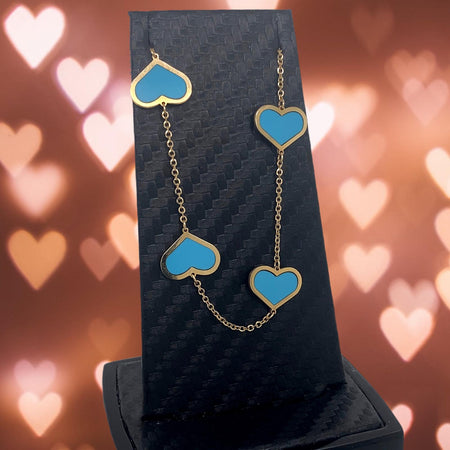 Turquoise 14 Kt Gold Hearts Necklace