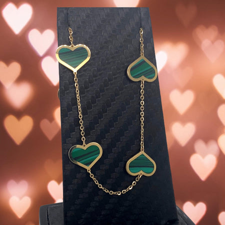 Malachite 14 kt Gold Hearts Necklace