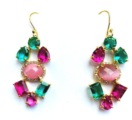 SemiPrecious Multi Stone Drop Cluster Earrings - Pink