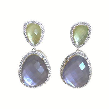 Freeform Drop Earrings -wit and whimsy- pale sage green quartz and amethyst quartz