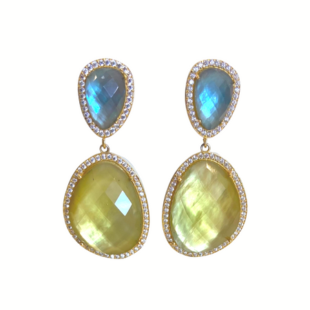 Freeform Drop Earrings -wit and whimsy- peacock blue quartz and chartreuse quartz