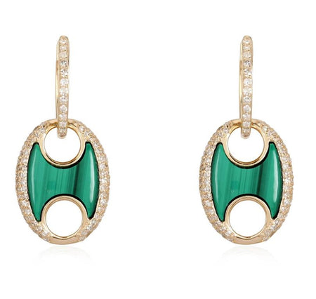 14kt Gold Diamond Huggies with Malachite Puff Drop