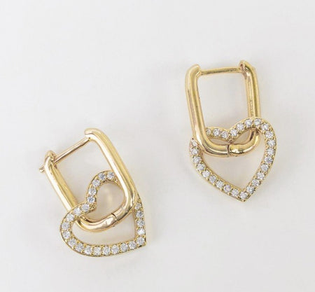 Rounded Rectangle Hoop Earrings with Cubic Zirconia Heart