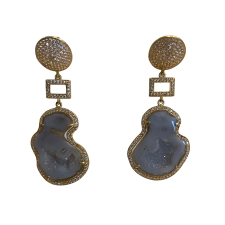Grey Dusk Geode Earrings with Geometric Accent