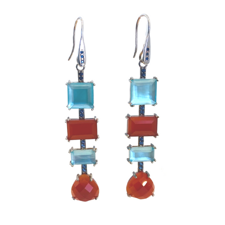 Linear Ornate Drop Earrings Carnelian/Aqua Blue Quartz