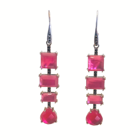 Linear Ornate Drop Earrings Dark Pink Quartz