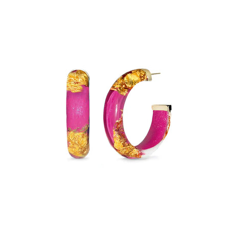 Lucite and 24 Karat Gold Leaf Hoop Earrings ~ Pinks and Reds