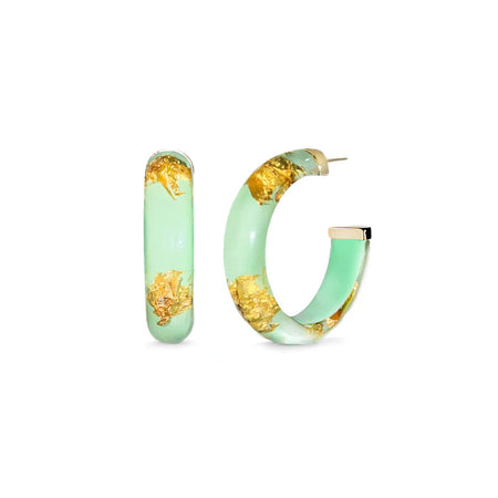 Lucite and 24 Karat Gold Leaf Hoop Earrings ~ Blues and Greens