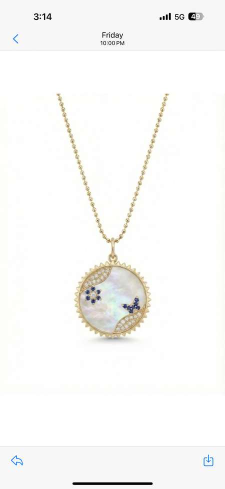 14Kt gold Mother of Pearl  disc pendant featuring sapphire flower and butterfly
