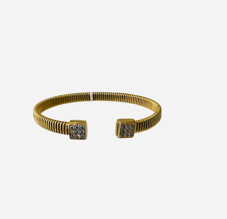 Pave Cubic Gold Plated Sterling Silver Flexible Ribbed Bangle Cuff