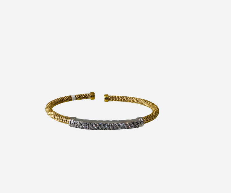Pave Bar Focal Gold Plated Sterling Silver Flexible bangle cuff