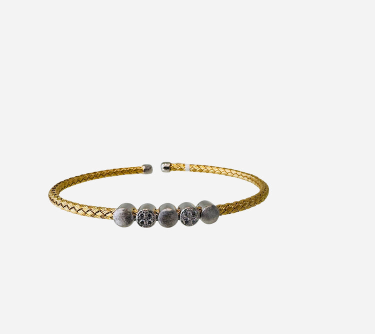 Pave Circles Focal Gold Plated Sterling Silver braided Flexible Bangle Cuff