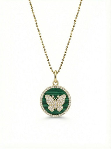 14Kt Gold Malachite Disc Pendant with Diamond Butterfly