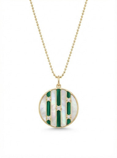 14Kt Gold Malachite and Mother of Pearl Striped Pendant with Diamonds