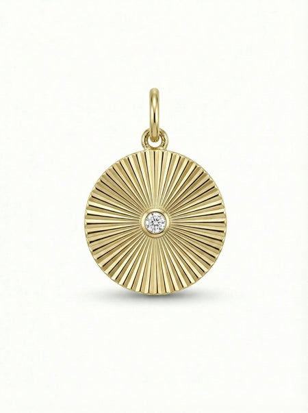 14Kt gold sunburst pattern disc pendant With single diamond