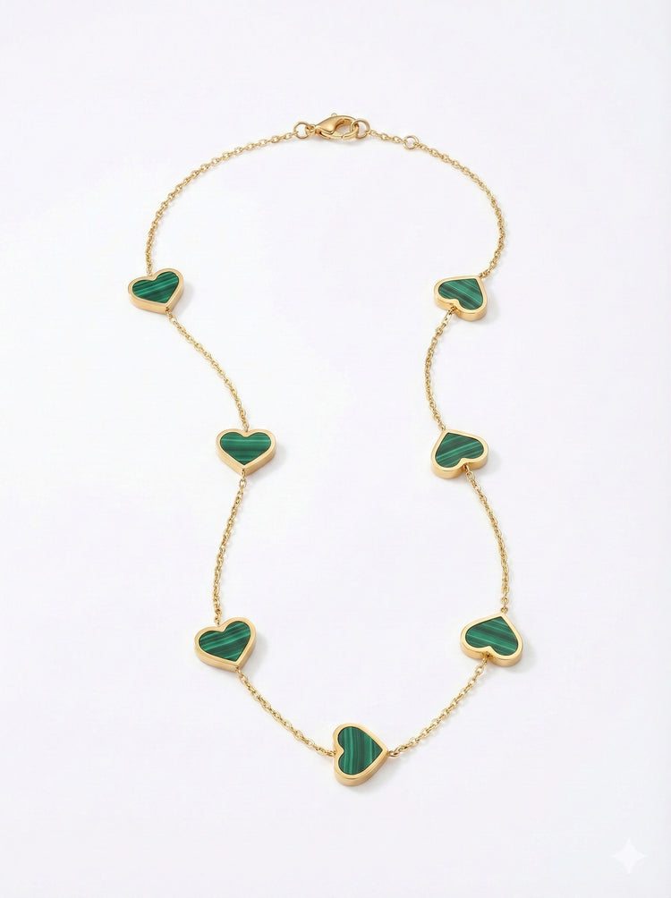 Malachite 14 kt Gold Hearts Necklace