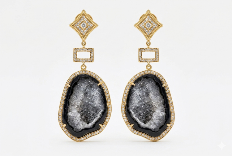 Black Geode Earrings with Geometric Accent