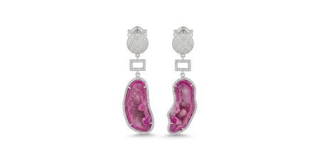 Fuchsia Geode Earrings with Geometric Accent