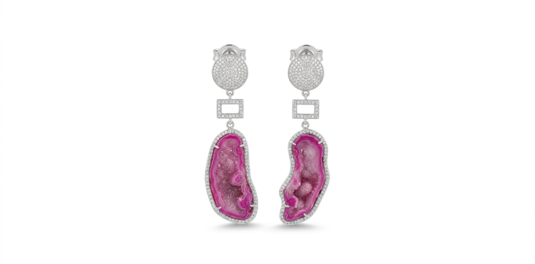 Fuchsia Geode Earrings with Geometric Accent