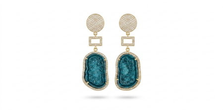 Deep Ocean Blue Geode Earrings with Geometric Accent