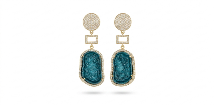 Deep Ocean Blue Geode Earrings with Geometric Accent