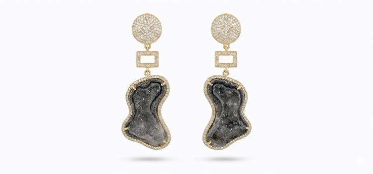 Charcoal Geode Earrings with Geometric Accent