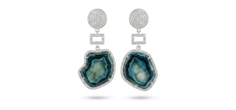 Aqua Geode Earrings with Geometric Accent
