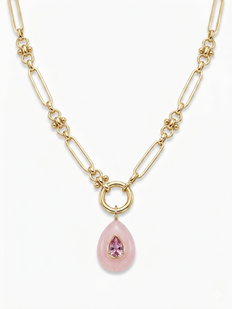 Rose Quartz with Colorful Cubic Zirconia Embed Necklace