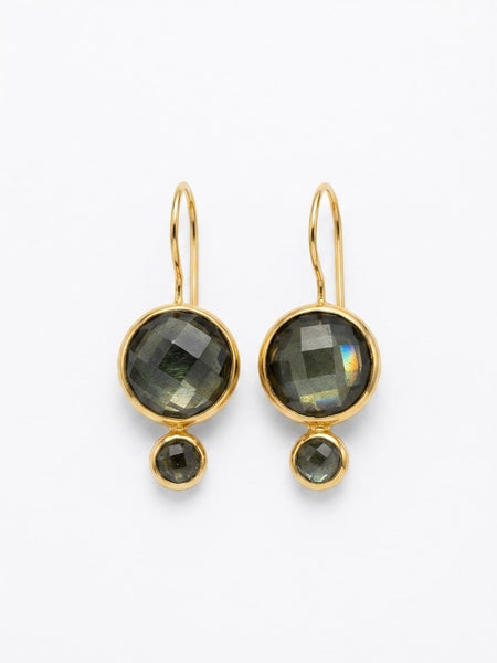 Round Olive Stone Drop Earrings with Slate Blue accent