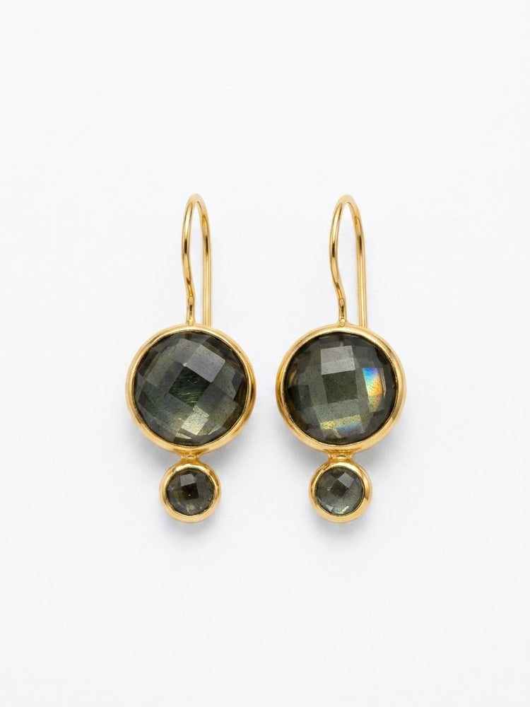 Round Olive Stone Drop Earrings with Slate Blue accent