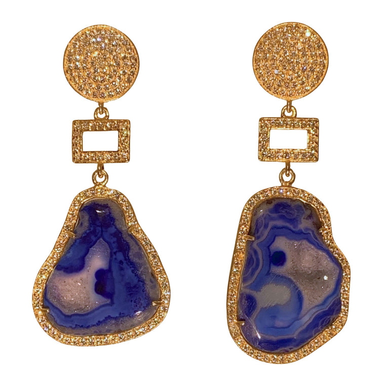 Deep Blue Geode Earrings with Geometric Accent