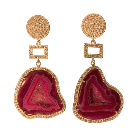 Raspberry Geode Earrings with Geometric Accent