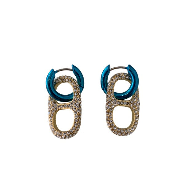 Electroplated Blue Hoop Earrings with Cz encrusted Mariner Links