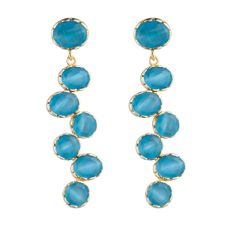 Quartz drop bezel earrings monochromatic Deep Aqua Blue