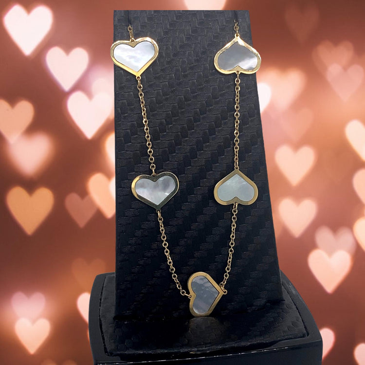 Mother of Pearl 14 kt Gold Hearts Necklace