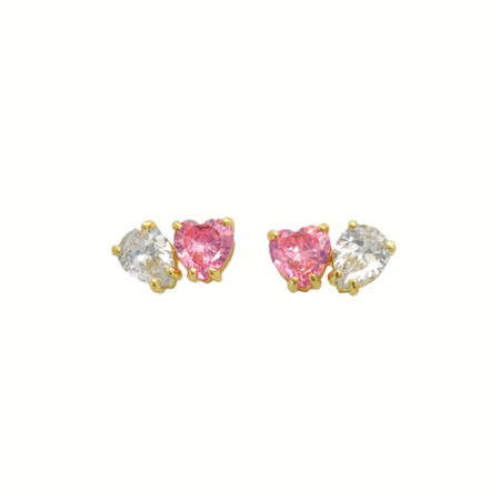 Cubic Zirconia Earrings - Clear Teardrop / Pink Heart
