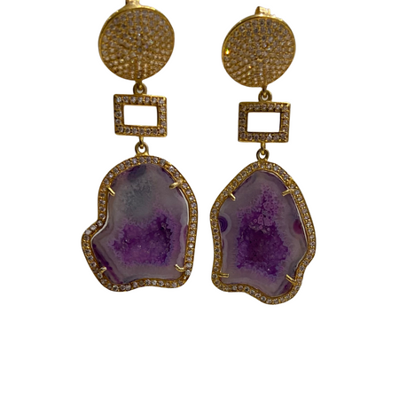 Amethyst Purple Geode Earrings with Geometric Accent