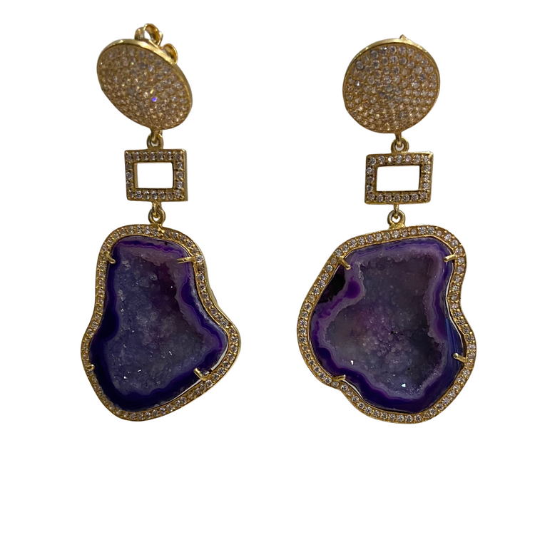 Deep Purple Geode Earrings with Geometric Accent